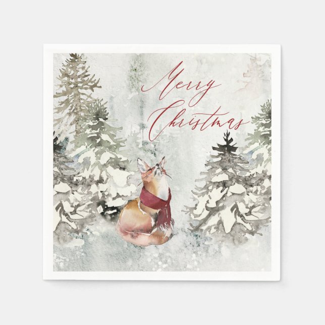 Watercolor Winter Snow Scene with Fox Napkin (Front)