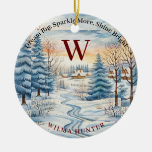 Watercolor Winter Snowflake Hut in Forest Monogram Ceramic Tree Decoration