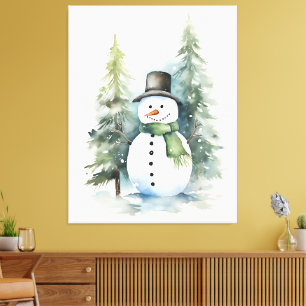 Watercolor Winter Snowman Canvas Print