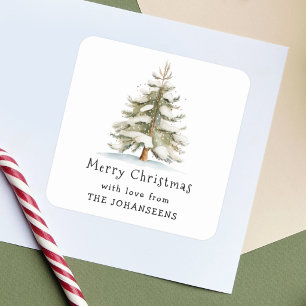 Watercolor Winter Snowy Pine Tree Merry Christmas Square Sticker