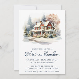 Watercolor Winter Snowy Scene Christmas Luncheon Invitation