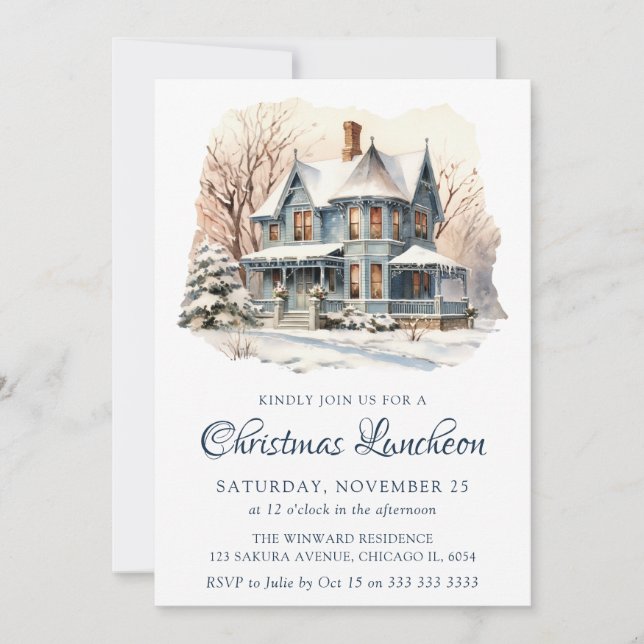 Watercolor Winter Snowy Scene Christmas Luncheon Invitation (Front)