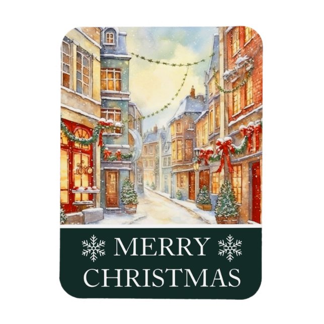 Watercolor Winter Street Scene Christmas Card Magnet (Vertical)