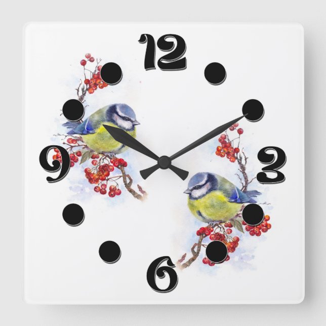 Watercolor winter titmouse bird illustration branc square wall clock (Front)