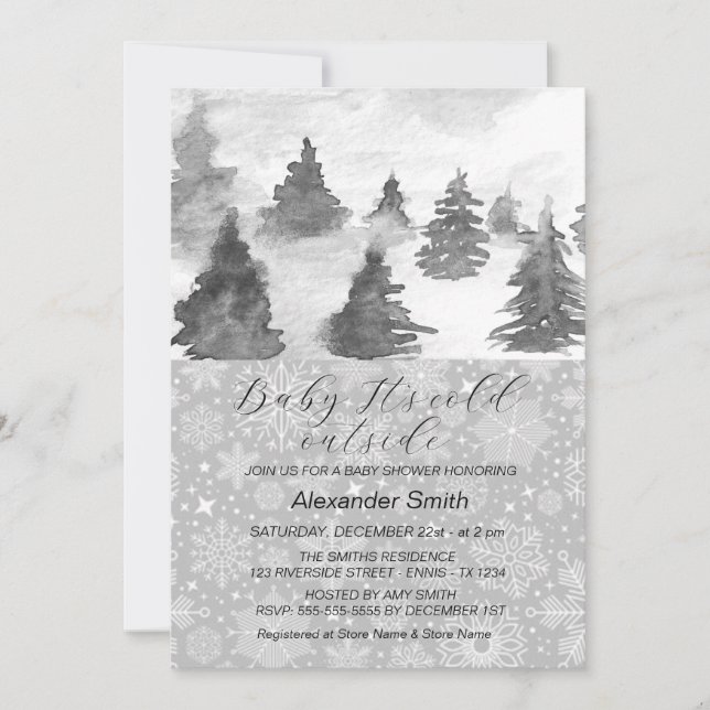 Watercolor Winter Tree Forest Boy Baby Shower  Invitation (Front)