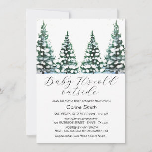 Watercolor Winter Tree Forest Girl Baby Shower Invitation