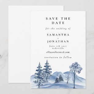 Watercolor Winter tree & Mountain lands Wedding Save The Date
