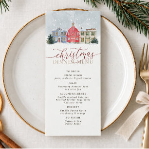 Watercolor Winter Village Christmas Dinner Menu