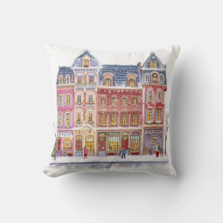 Watercolor Winter Village Christmas Town Cushion