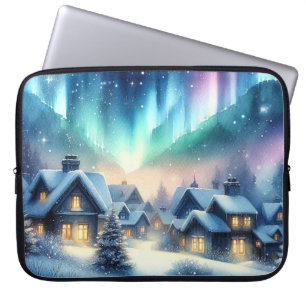 Watercolor Winter Village Snowy Christmas Laptop Sleeve