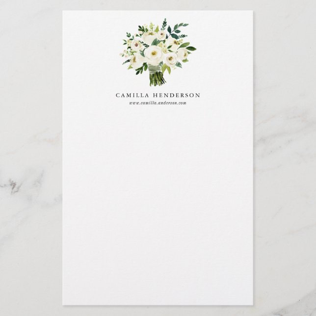 Watercolor Winter White Flowers Bouquet Stationery (Front)