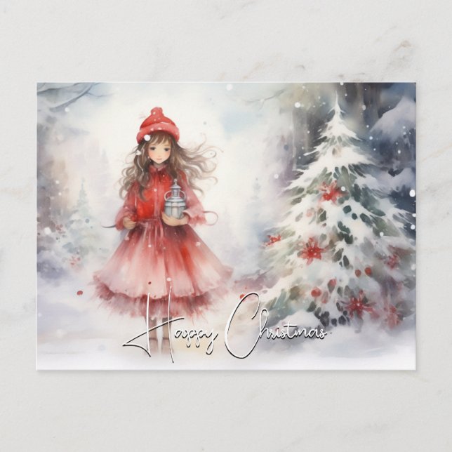 Watercolor Winter Wonderland Christmas Red Sprite  Holiday Postcard (Front)