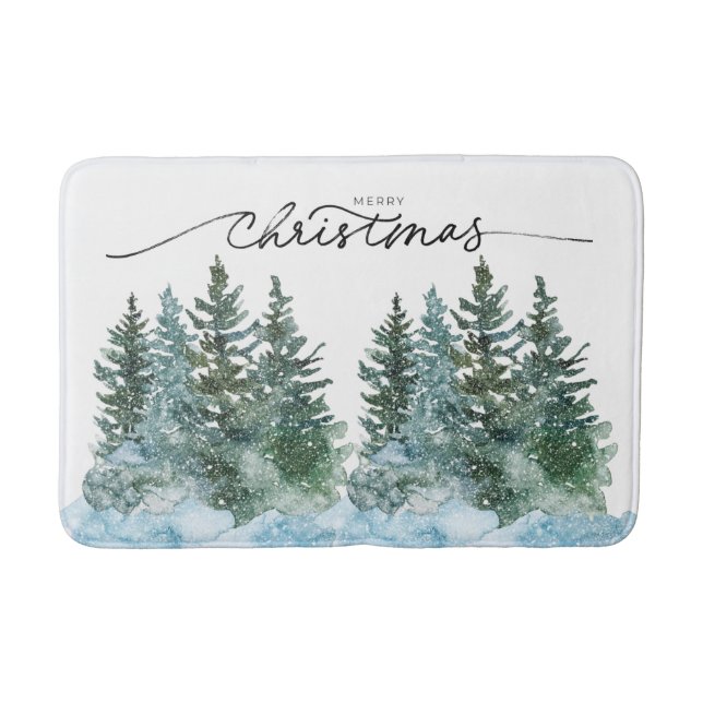 Watercolor Winter Wonderland Christmas Trees Bath Mat (Front)