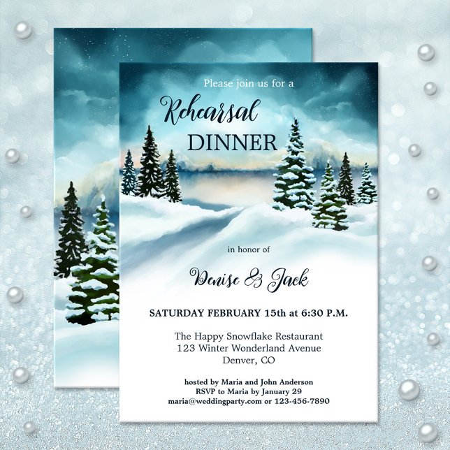 Watercolor Winter Wonderland Pine Rehearsal Dinner Invitation (Winter rehearsal dinner invitation featuring a watercolor winter wonderland scene with pine trees)