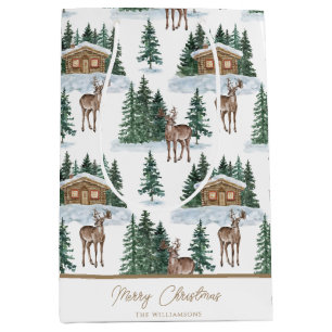 Watercolor Winter Wonderland Rustic Barn Christmas Medium Gift Bag