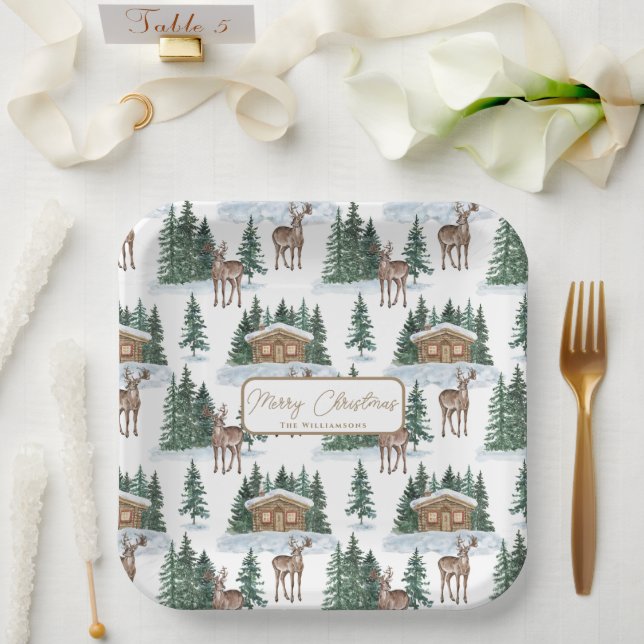 Watercolor Winter Wonderland Rustic Barn Christmas Paper Plate (Wedding)