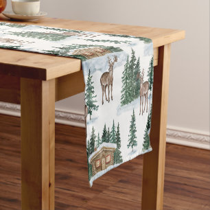 Watercolor Winter Wonderland Rustic Barn Christmas Short Table Runner