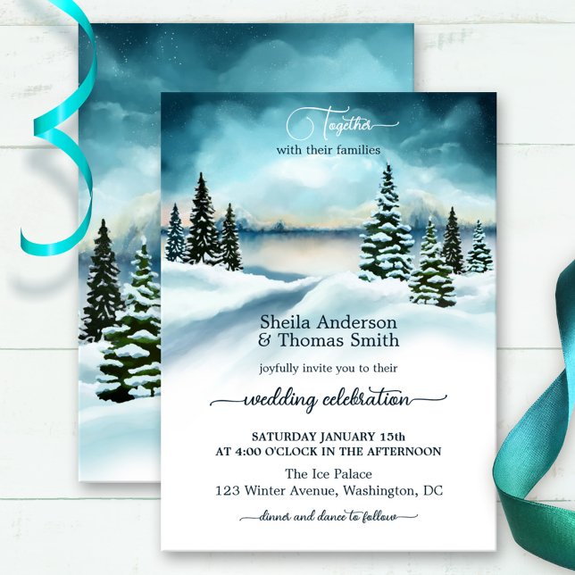 Watercolor Winter Wonderland Wedding Invitation (Winter wedding invitation featuring a watercolor painting in a snow covered landscape with pine tree)