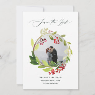 Watercolor winter wreath photo save the date thank you card