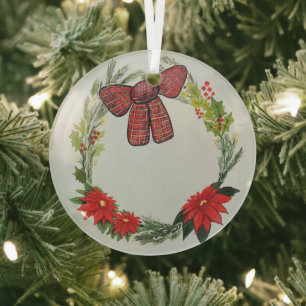 Watercolor Winter Wreath with Poinsettia and Bow G Glass Tree Decoration