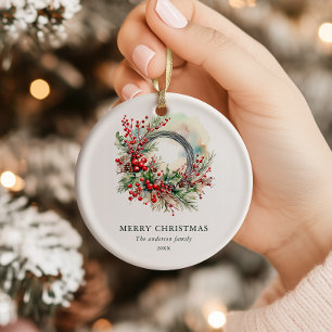 Watercolor Winter Wreath with Red Berrie Christmas Ceramic Tree Decoration