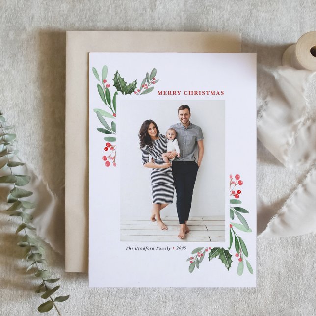 Watercolor Winterberry and Holly Photo Christmas Holiday Card (Watercolor Winterberry and Holly Photo Christmas Holiday Card)