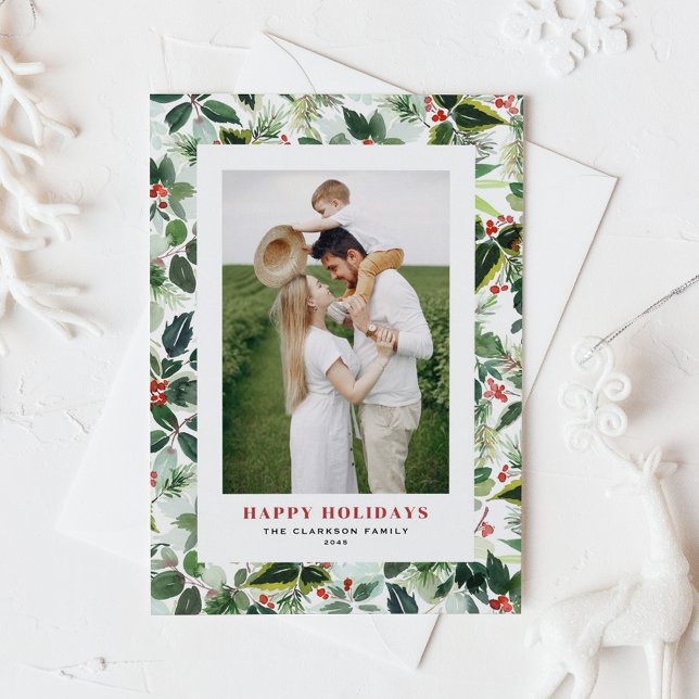 Watercolor Winterberry and Variegated Leaves Photo Holiday Card (Customizable photo holiday card featuring watercolor pattern of holly and variegated greenery)