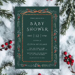Watercolor Winterberry Frame Baby Shower Green Invitation<br><div class="desc">This elegant baby shower invitation features a watercolor Christmas winterberry frame decorated with red ribbon,  botanical greenery,  and stylish calligraphy. For more advanced customisation of this design,  please click the "Design Tool Button" link.</div>