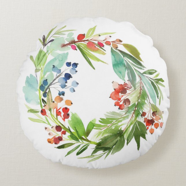 Watercolor Winterberry Holly and Juniper Christmas Round Cushion (Front)