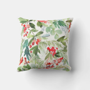 Watercolor Winterberry Holly Pattern Christmas Cushion