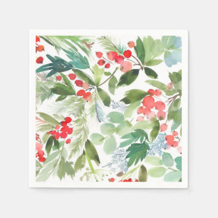 Watercolor Winterberry Holly Pattern Christmas Napkin