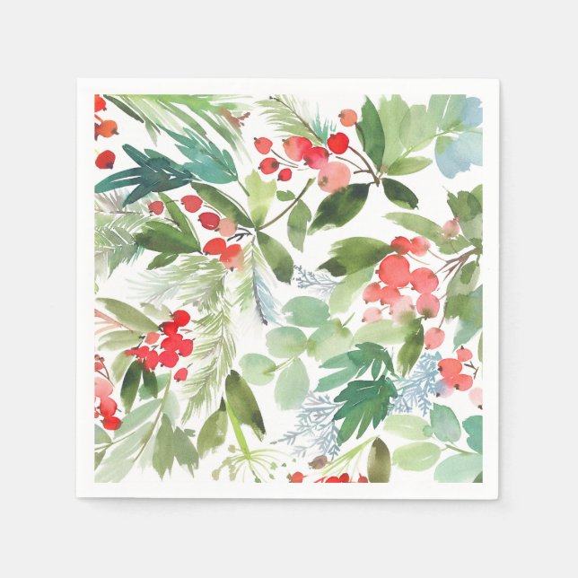 Watercolor Winterberry Holly Pattern Christmas Napkin (Front)