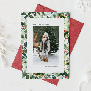 Watercolor Winterberry Variegated Leaves Christmas Holiday Card
