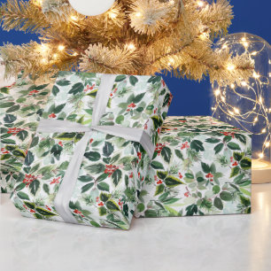 Watercolor Winterberry Variegated Leaves Christmas Wrapping Paper
