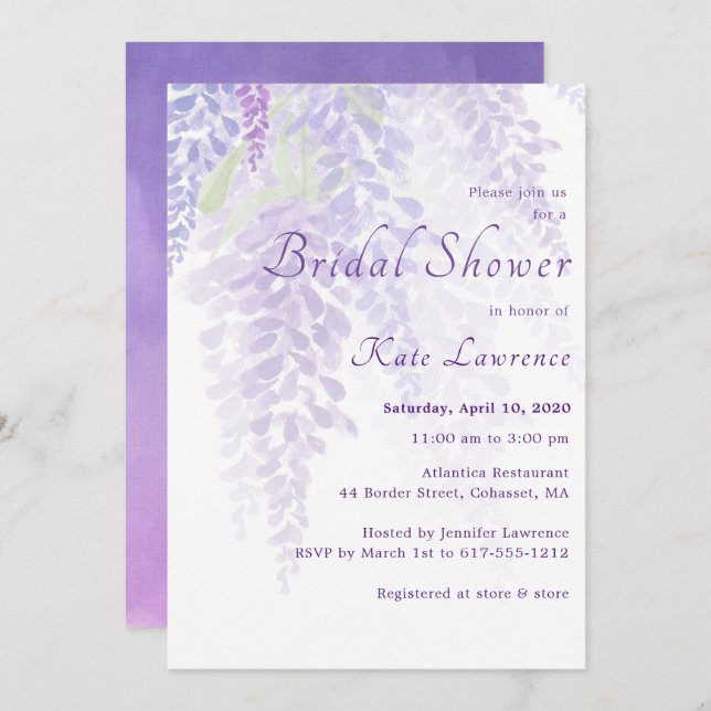 Watercolor Wisteria Blooms Bridal Shower Invitation (Front/Back)