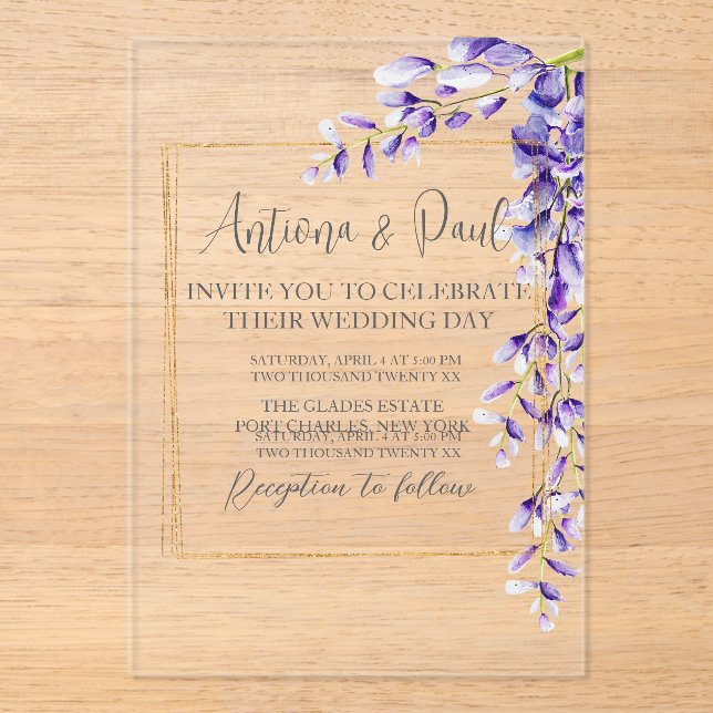 Watercolor Wisteria Blooms Wedding Acrylic Invitations (Front)