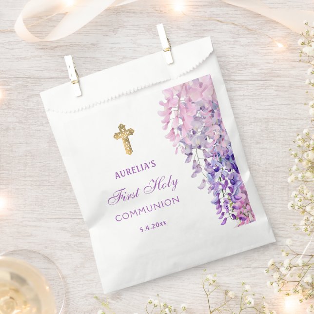 Watercolor Wisteria First Communion Favour Bags (Clipped)