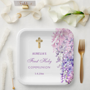 Watercolor Wisteria First Communion Paper Plate