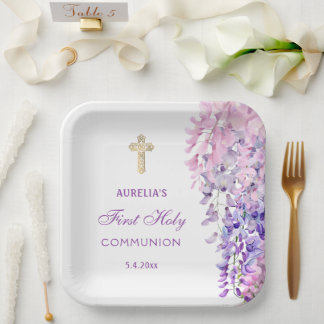 Watercolor Wisteria First Communion Paper Plate