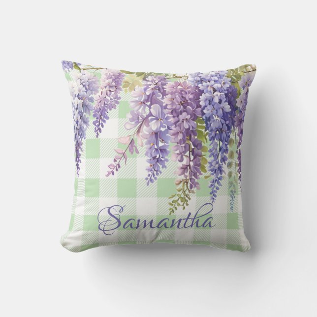 Watercolor wisteria floral green white check cushion (Front)
