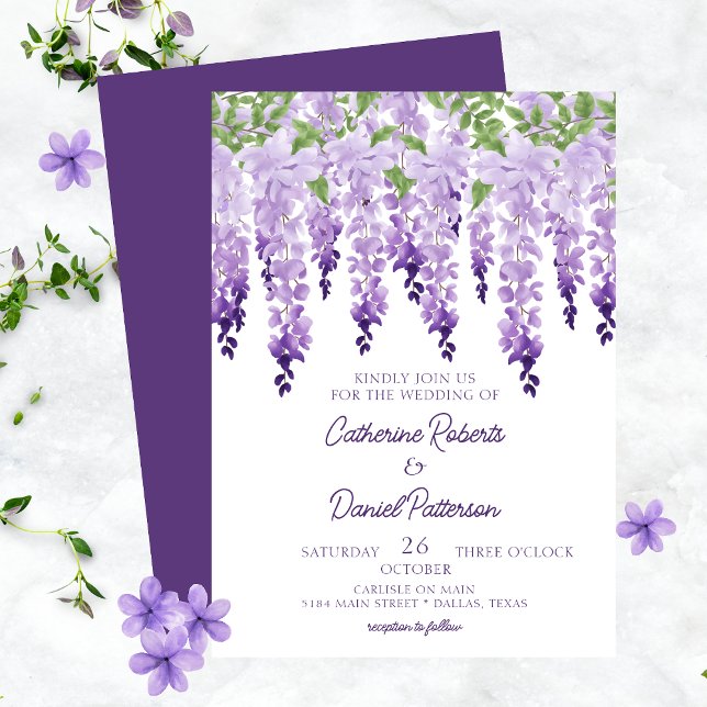 Watercolor Wisteria Lilac Modern Script Wedding Invitation (Creator Uploaded)