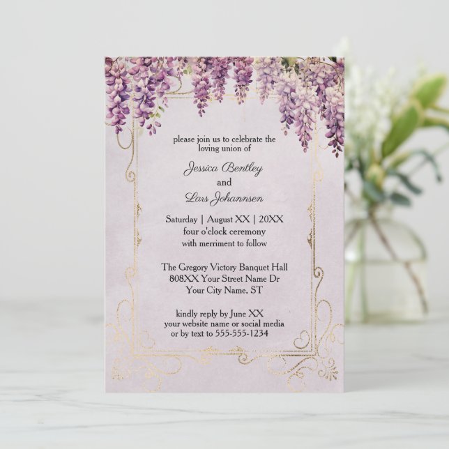Watercolor Wisteria on Lavender Wedding Invitation (Standing Front)