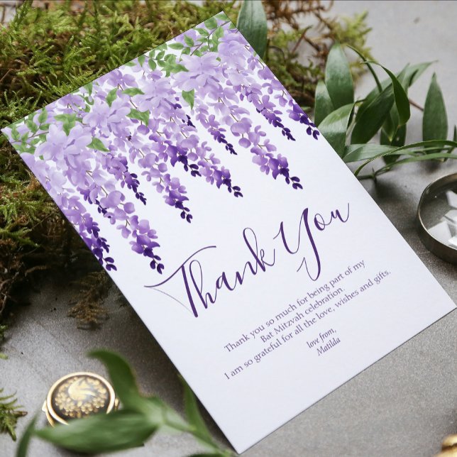 Watercolor Wisteria Photo Bat Mitzvah Thank You Card (Creator Uploaded)