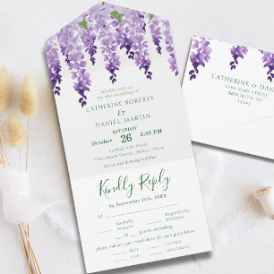 Watercolor Wisteria Purple Lilac Floral Wedding All In One Invitation