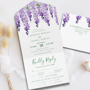 Watercolor Wisteria Purple Lilac Floral Wedding All In One Invitation
