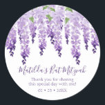Watercolor Wisteria Thank You | Bat Mitzvah Classic Round Sticker<br><div class="desc">This design features elegant watercolor wisteria flowers in soft lavender and purple with green leaves on a white background with your Bat Mitzvah thank you message and the date below. Personalise by editing the text in the text boxes. Designed for you by Evco Studio www.zazzle.com/store/evcostudio #batmitzvah ##party #thankyou #thanks #stickers...</div>