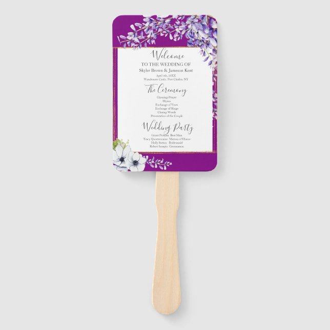Watercolor Wisteria Wedding Program Hand Fan (Front)