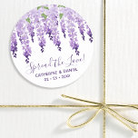 Watercolor Wisteria Wedding Spread The Love Script Classic Round Sticker<br><div class="desc">Watercolor Wisteria Wedding Spread The Love Script Favour Tags features elegant watercolor wisteria flowers in soft lavender and purple with green leaves on a white background with your wedding thank message and the date below. On the reverse is a soft lilac. Personalise by editing the text in the text boxes....</div>