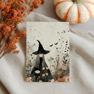 Watercolor Witch Fall Foliage Whimsical Halloween Postcard