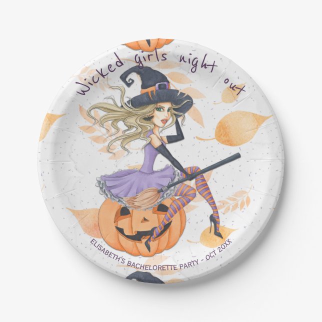 Watercolor witch Halloween bachelorette party Paper Plate (Front)